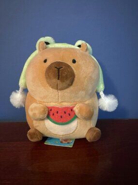 NWT 6" Takashoji Capybara Plush In A Hat Holding Watermelon Round1